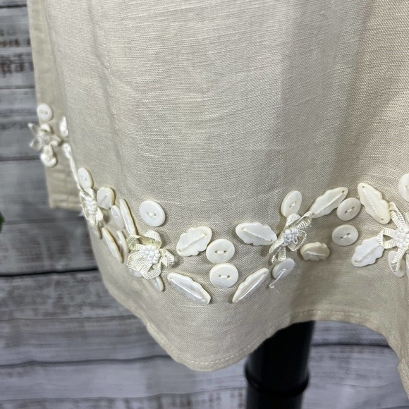 Willi Smith Skirt 8 Tan Stone Linen Knee A Line Ribbon Flowers Buttons Wedding - Picture 7 of 10